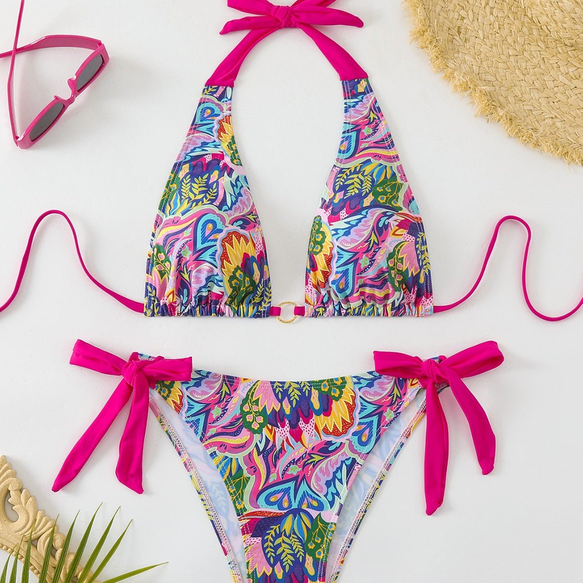 Women's Bikini Set with Colorful Floral Design and Adjustable Ties Mune Fashion