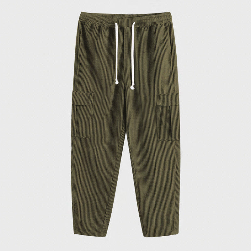 Men's ribbed comfortable cargo pants with elastic drawstring waistband and low-set flap pockets Mune Fashion