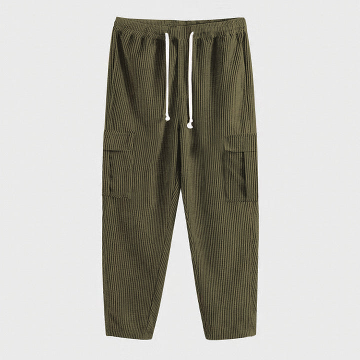 Men's ribbed comfortable cargo pants with elastic drawstring waistband and low-set flap pockets Mune Fashion