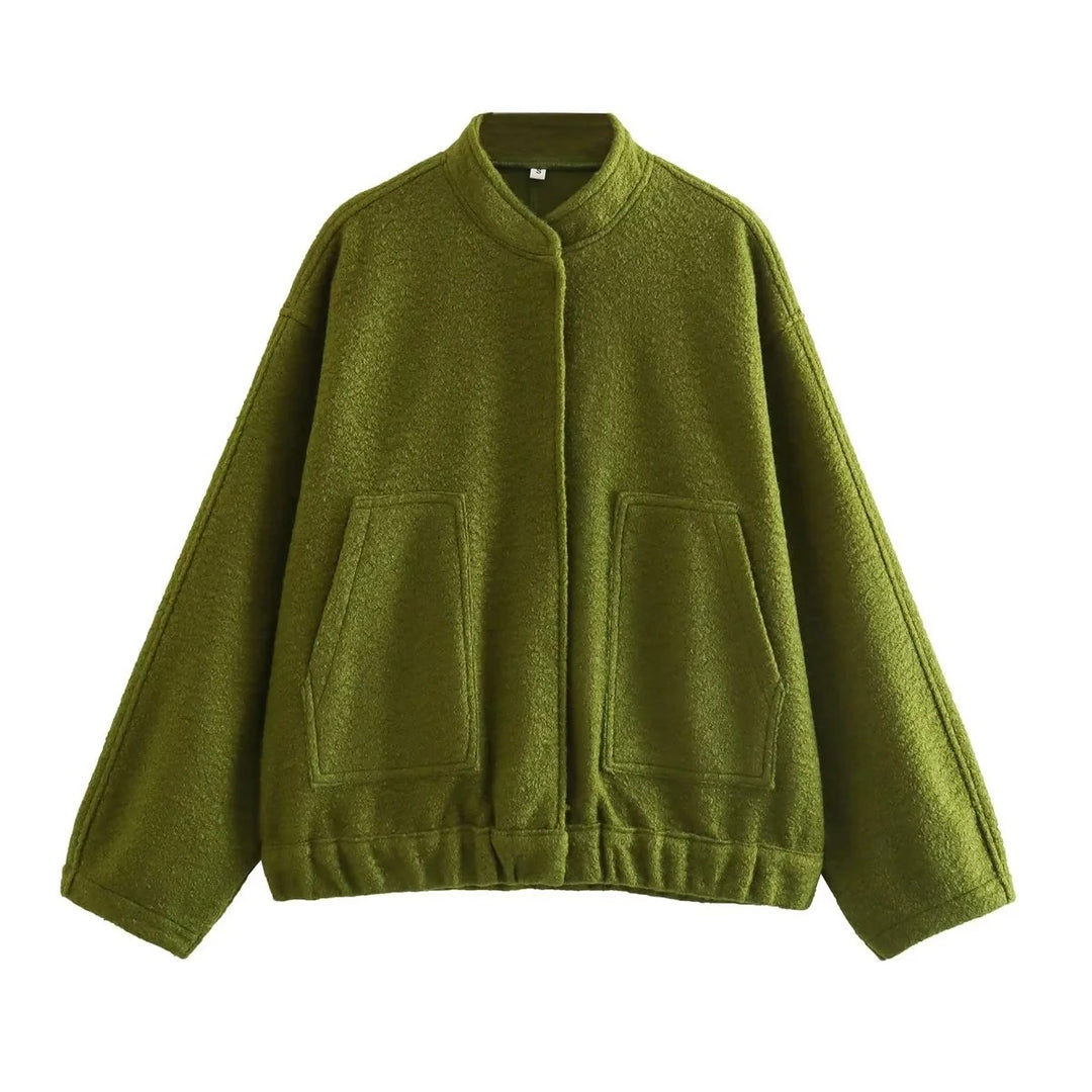 Women's Oversize Fleece Jacket with Stand-Up Collar, Patch Front Pockets, and Elastic Hem Mune Fashion