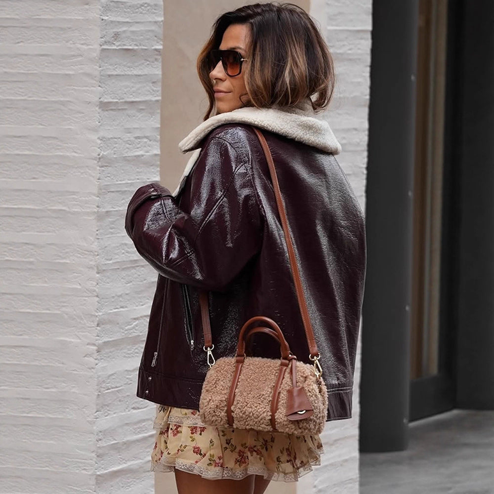 Women's Patent Leather Biker Jacket with Sherpa Lining and Oversized Cut Mune Fashion