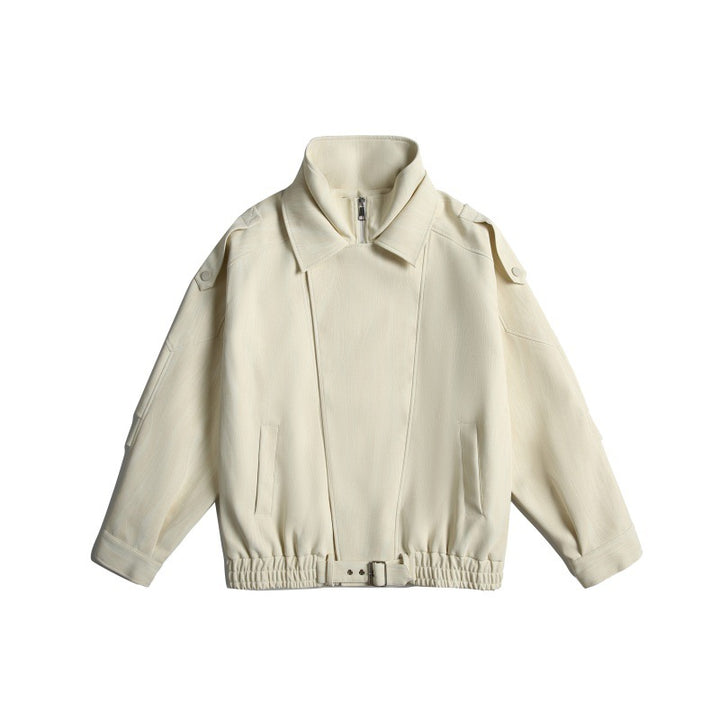 Unisex Short Cropped Boxy Blouson Jacket with Funnel Collar, Epaulettes and Waist Belt Mune Fashion