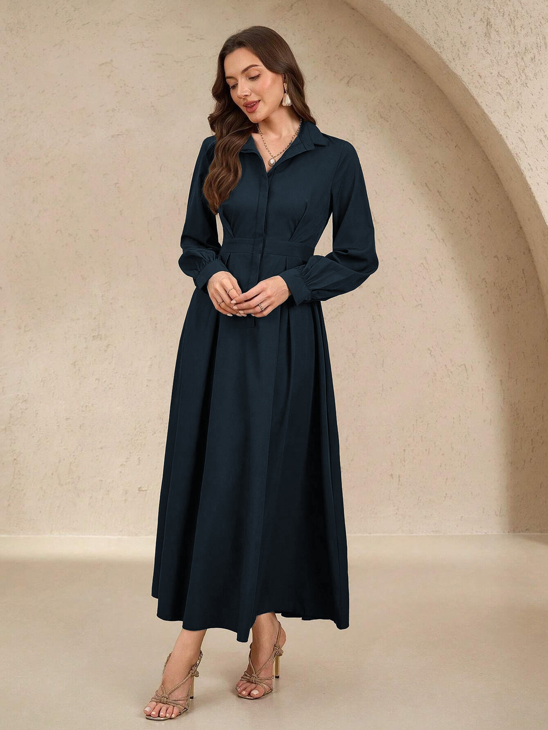 Ladies long shirt dress with waist belt, concealed button placket and balloon sleeves Mune Fashion