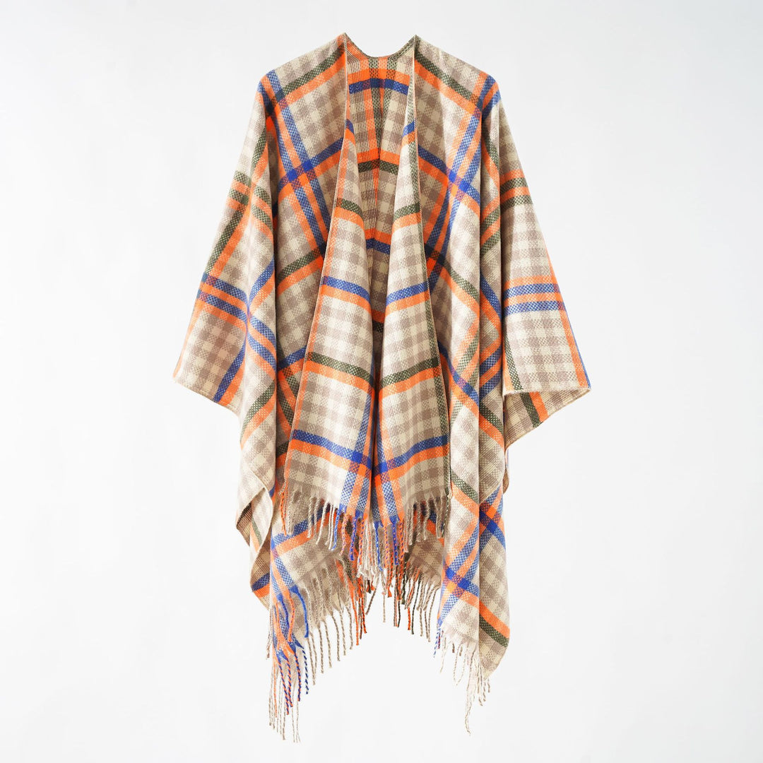 Women's Fringe Ruana made of wool blend with large checkered pattern and open fall Mune Fashion