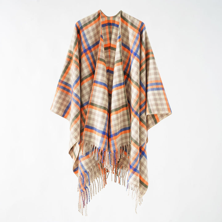 Women's Fringe Ruana made of wool blend with large checkered pattern and open fall Mune Fashion
