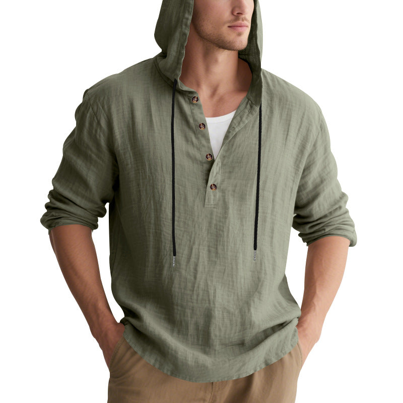 Men's casual linen henley with hood, drawstring and three-button placket Mune Fashion