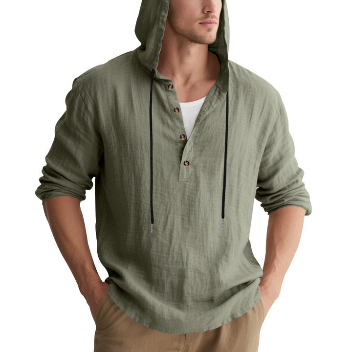 Men's casual linen henley with hood, drawstring and three-button placket Mune Fashion