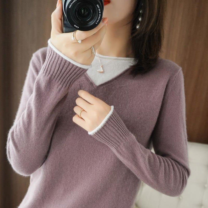 Women Soft V-Neck Sweater in Cashmere Look with Contrasted Border Decoration Mune Fashion