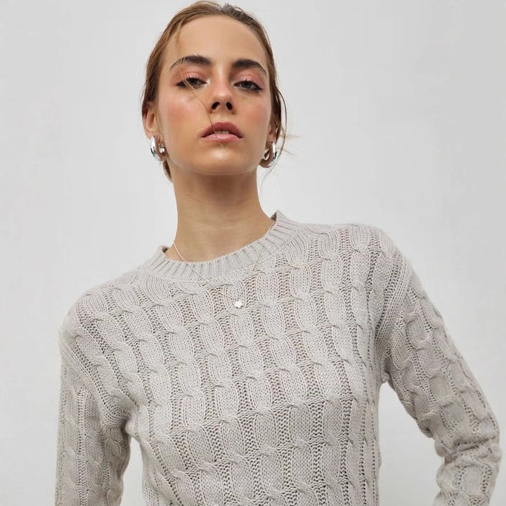 Women Elegant Knit Sweater with Cable Pattern Mune Fashion