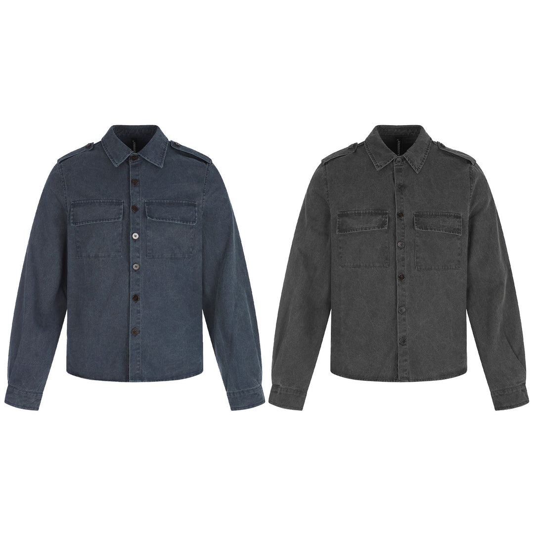 Men's shirt jacket made of washed denim with flap pockets and epaulettes Mune Fashion