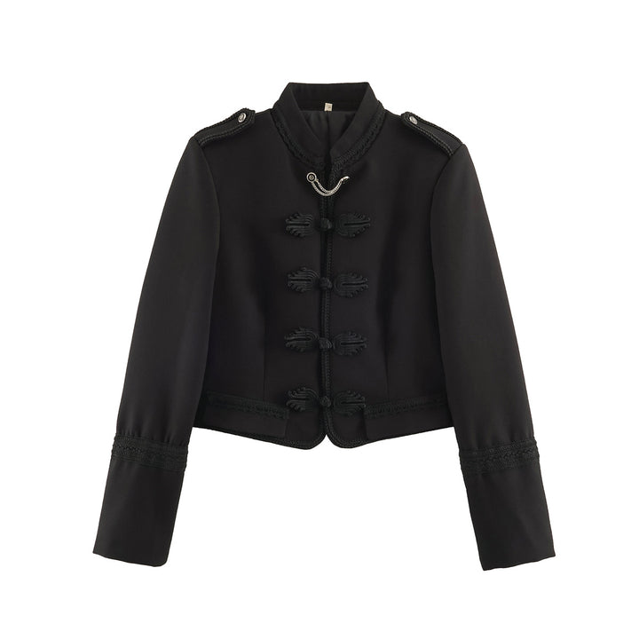 Women's Short Military-Style Blazer with Cord Decoration, Stand Collar and Decorative Frog Buttons Mune Fashion