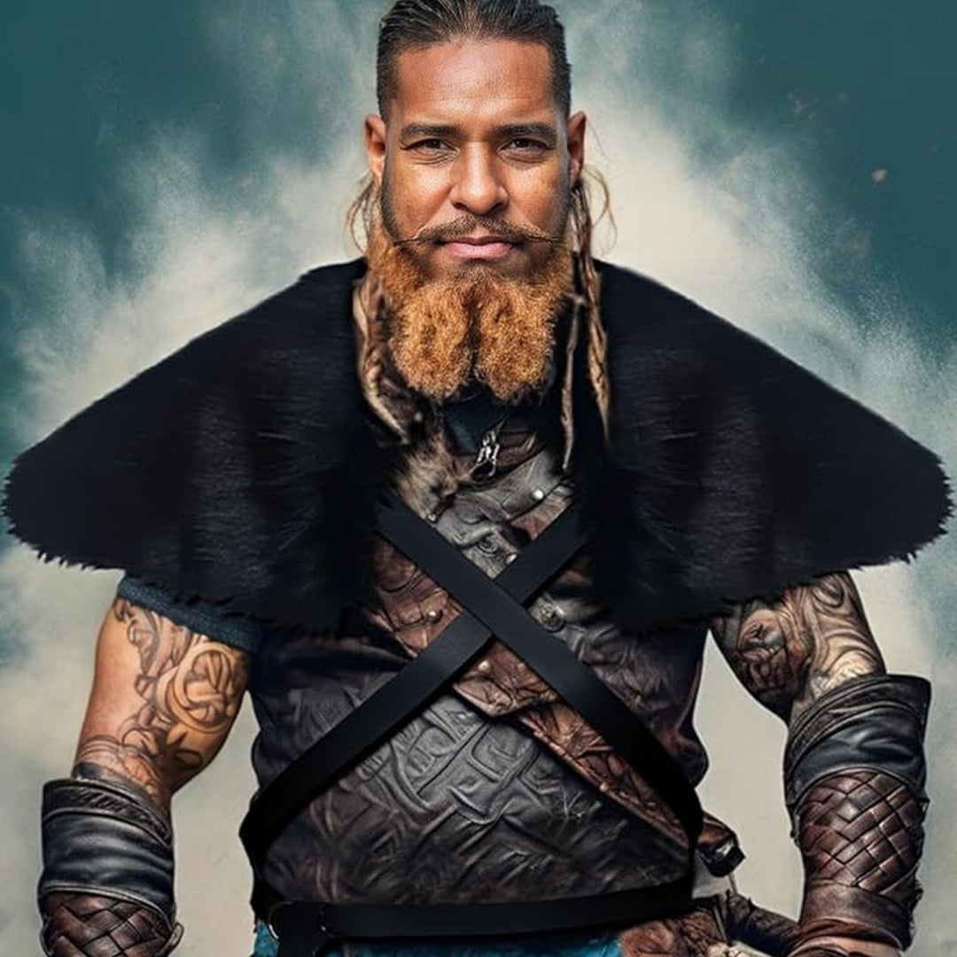 Men's Medieval Leather Jerkin with Faux Fur Shoulder Cape and Braided Arm Guards Mune Fashion