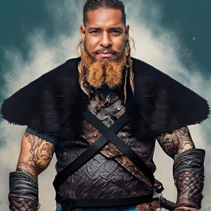 Men's Medieval Leather Jerkin with Faux Fur Shoulder Cape and Braided Arm Guards Mune Fashion