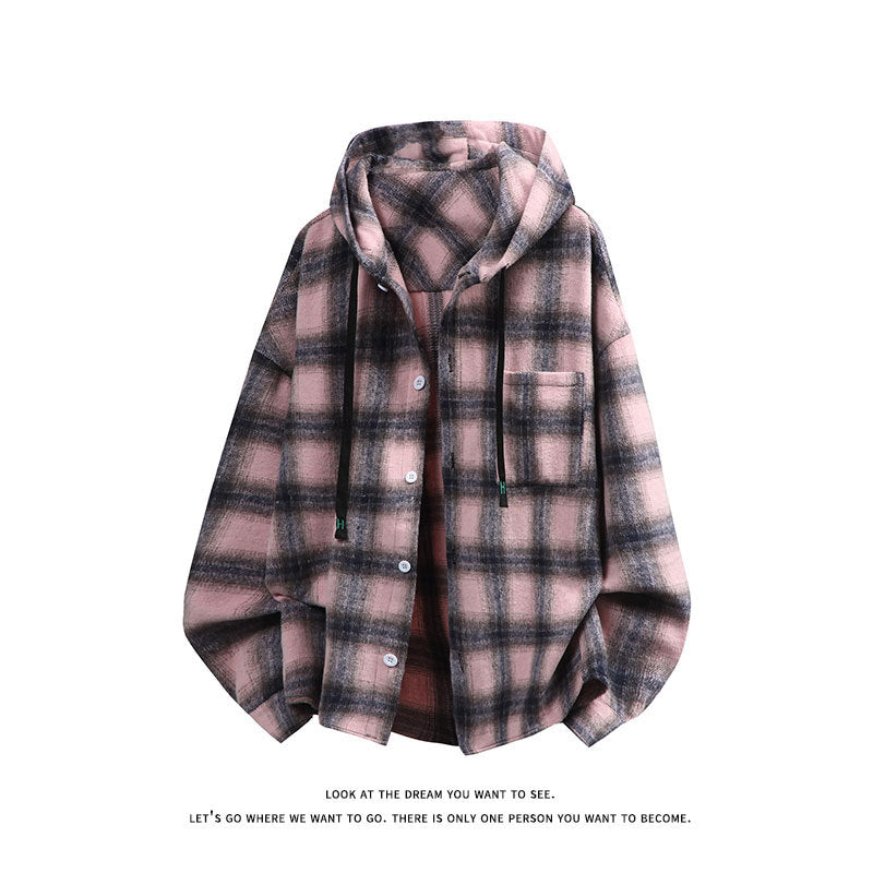 Unisex oversized flannel hooded shirt jacket with check pattern and chest pocket Mune Fashion