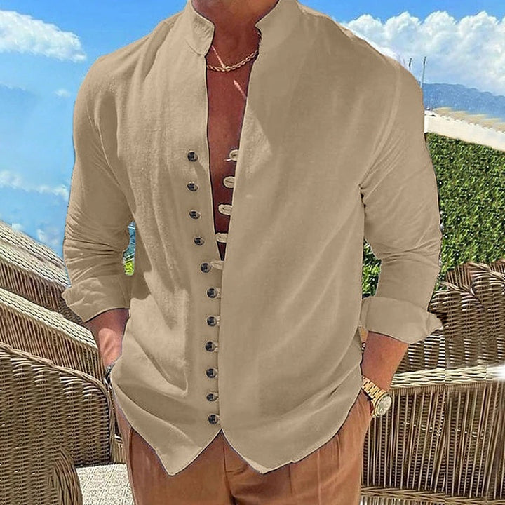 Men's linen look summer casual shirt with stand-up collar, decorative button placket, and roll-up sleeves Mune Fashion