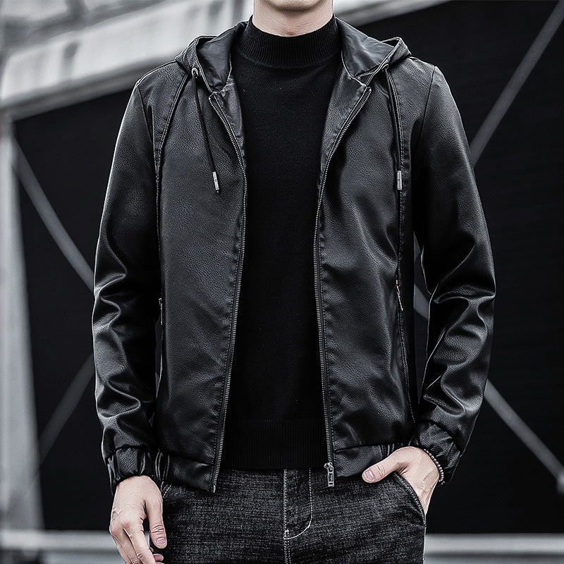 Men's Stylish Faux Leather Hoodie Jacket Mune Fashion