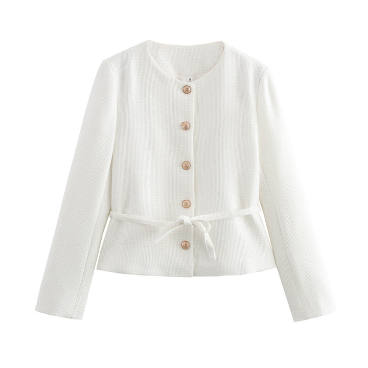 Women's structured short jacket with round neckline, wooden button placket, and tailored tie belt Mune Fashion