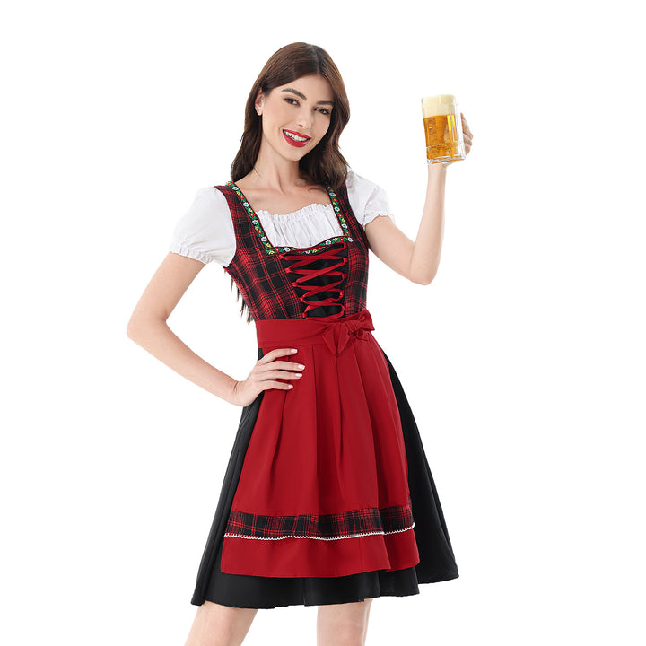 Ladies traditional Dirndl dress with checked bodice, lacing, puff sleeves, and apron Mune Fashion