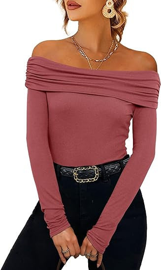 Women's Figure-hugging Off-shoulder Long Sleeve Fine Knit Shirt with Bardot Neckline