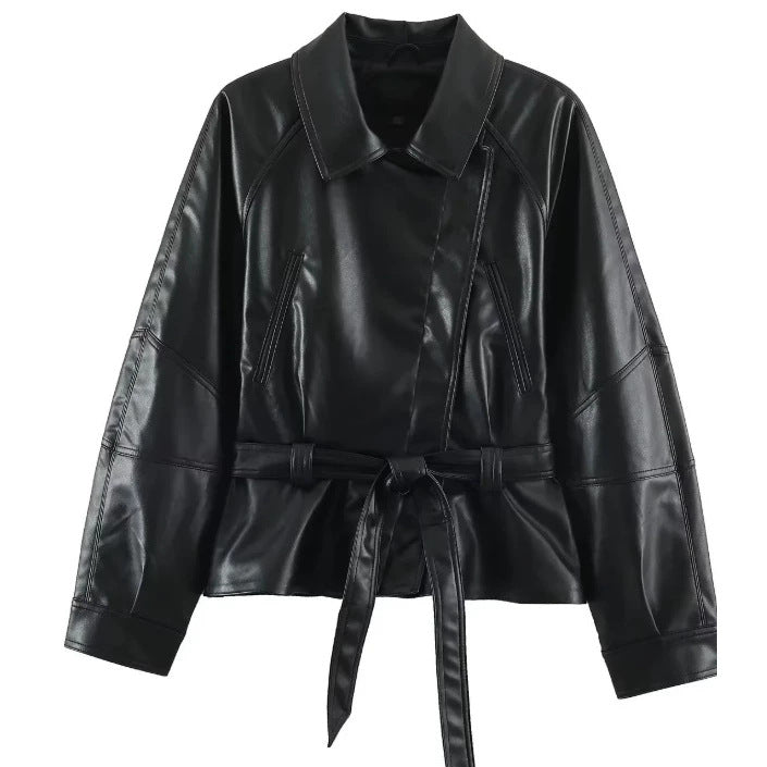 Women's short jacket made of vegan leather with a belted waist and drop shoulders Mune Fashion