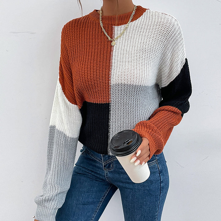 Women Chunky Knit Colorblock Sweater Oversized with Round Neck & Balloon Sleeves Mune Fashion