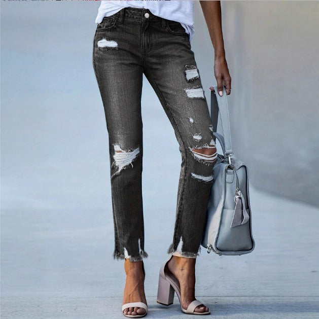 Women Cropped Destroyed Jeans with High Waist, Straight Leg & Raw Frayed Hem Mune Fashion