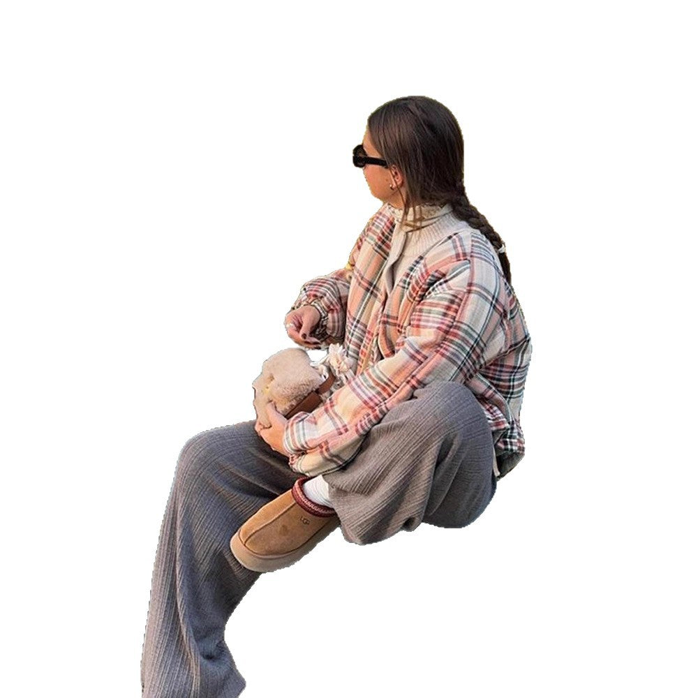 Women Padded Short Quilted Jacket in Check Pattern with Drawstring Hem and Oversized Sleeves Mune Fashion