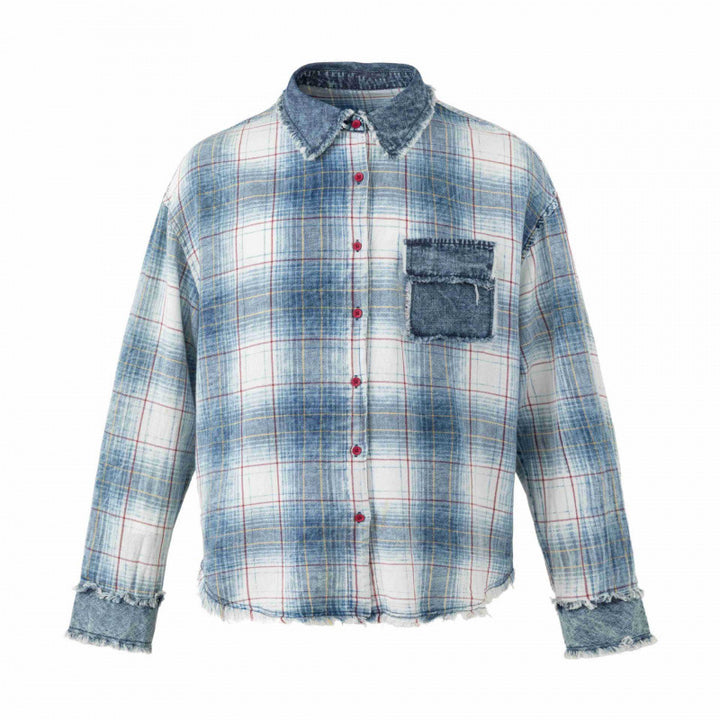 Unisex Checked Overshirt in Used Look with Fringes, Denim Collar and Patch Chest Pocket Mune Fashion