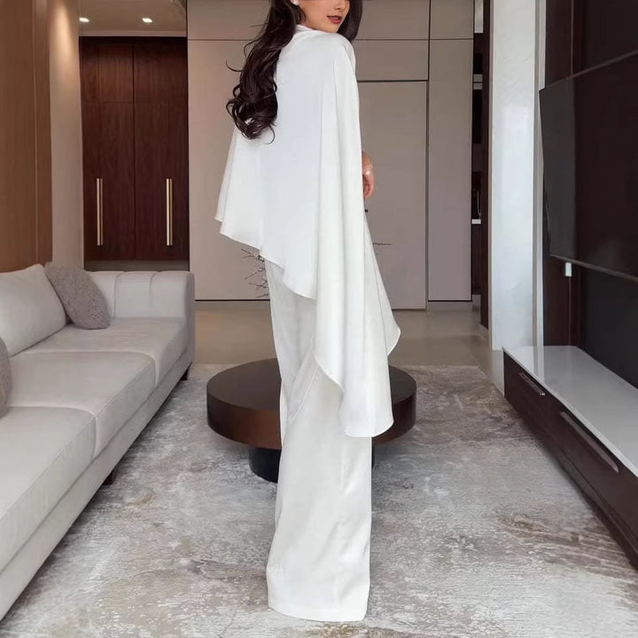 Women Two-Piece Chiffon Cape with Asymmetrical Hem and Trousers with Elastic Waist Mune Fashion