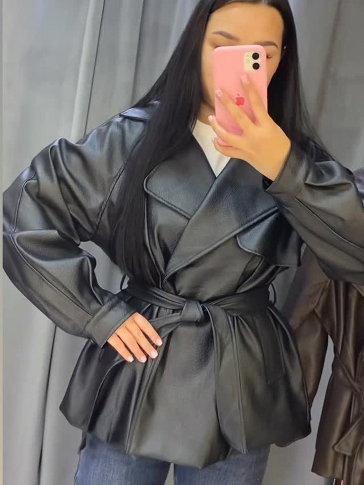 Women's Short Faux Leather Wrap Jacket with Waist Belt and Oversized Lapel Mune Fashion