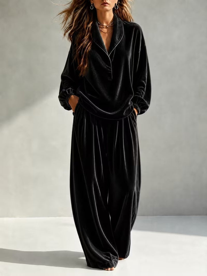 Women's Luxurious Velour Loungewear Set with Shawl Collar and Wide Palazzo Pants Mune Fashion