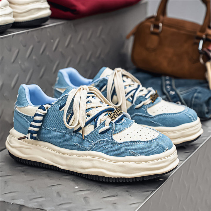 Women's denim platform sneaker with contrast stitching, padded wave sole and embellished lacing details Mune Fashion