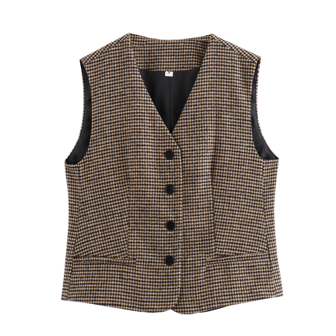 Women tailored houndstooth vest with V-neck and button placket Mune Fashion