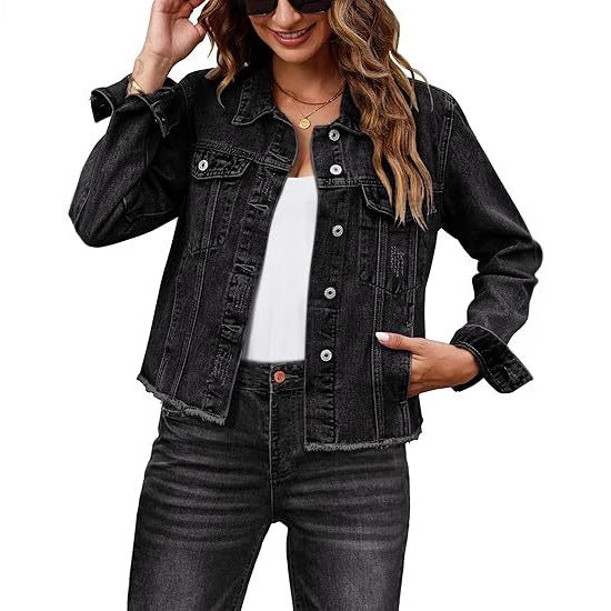 Women Short Cut Denim Jacket with Frayed Hem and Chest Pockets Mune Fashion