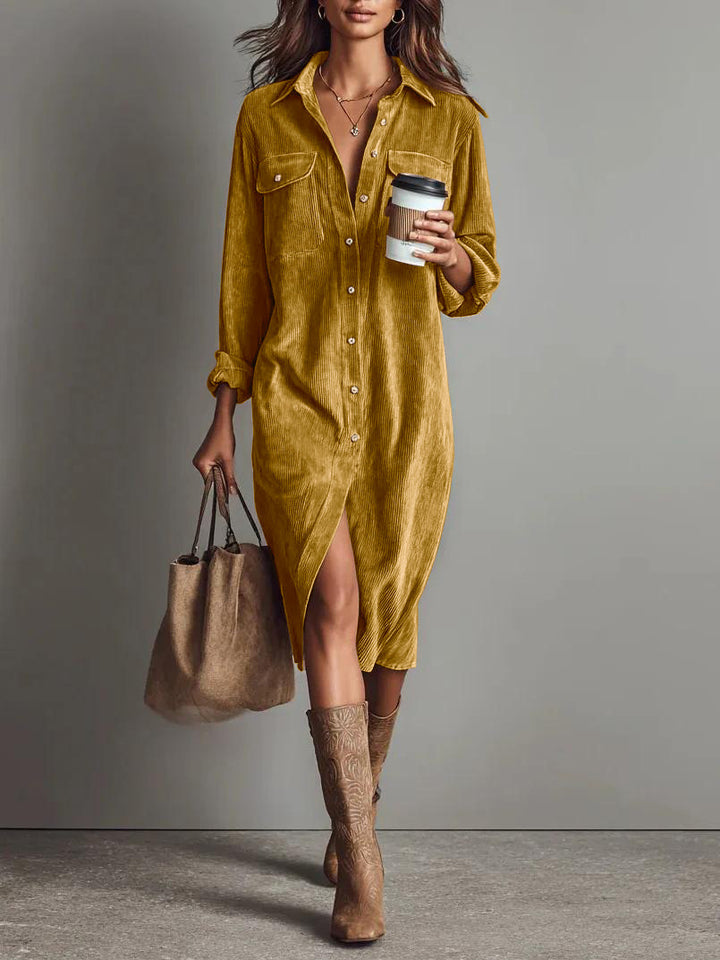Women's shirt dress made of corduroy with breast pockets, button placket and slit Mune Fashion