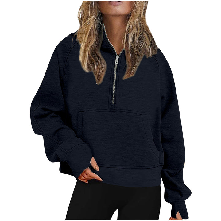 Women Oversize Half-Zip Hoodie with Kangaroo Pocket & Thumb Hole Mune Fashion