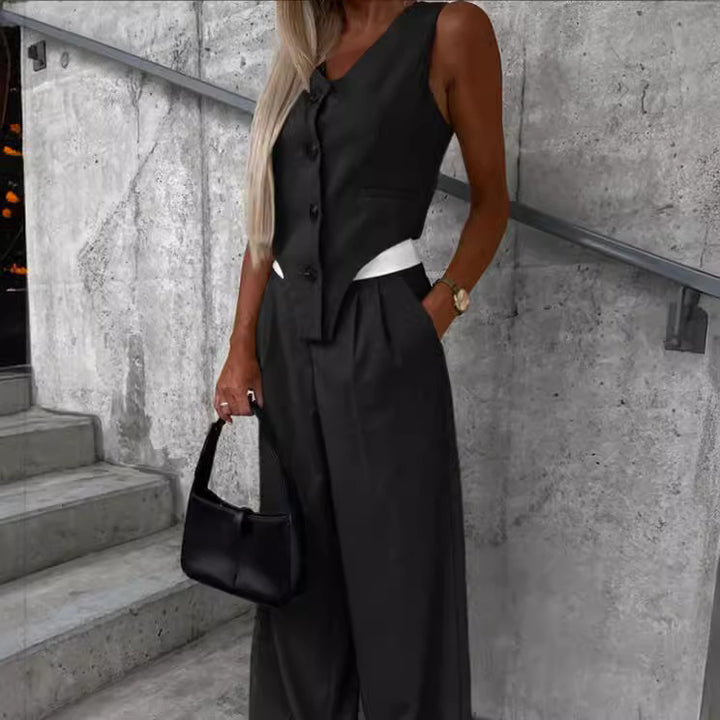 Women Asymmetrical Gilet and Palazzo Pants Set with Pleats and Side Pockets Mune Fashion