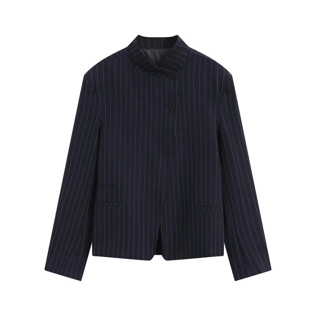 Women's asymmetric short blazer with stand collar and concealed button placket Mune Fashion