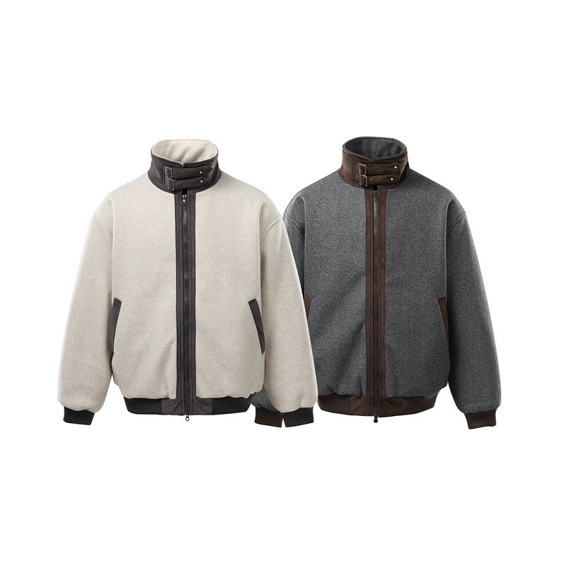 Men's short-cut boxy bomber made of wool blend with high buckle collar and velour trim Mune Fashion
