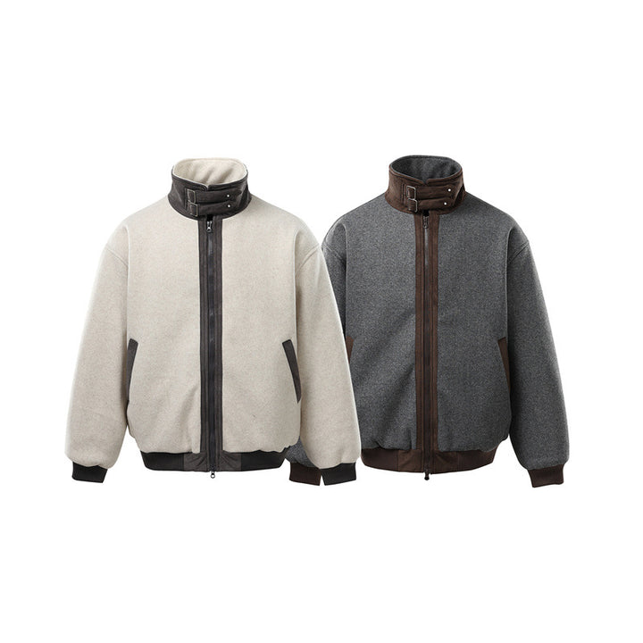 Men's short-cut boxy bomber made of wool blend with high buckle collar and velour trim Mune Fashion