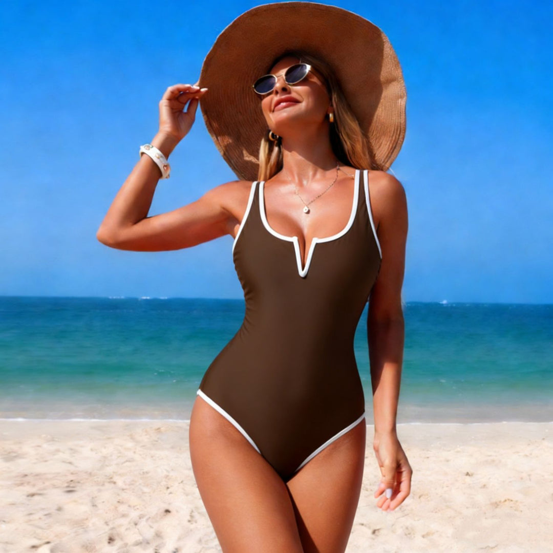 Women's sporty one-piece swimsuit with deep V-neck Mune Fashion
