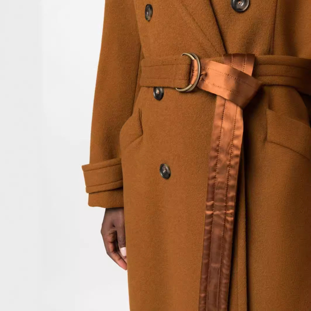 Women Maxilength Double-breasted Wool Blend Coat with Satin Ribbon Waist Belt and Rolled-up Sleeves Mune Fashion