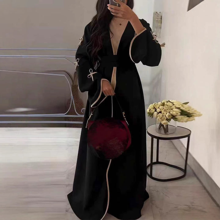 Women's elegant Abaya-Kaftan with wide trumpet sleeves, contrasting yoke and wrap belt Mune Fashion