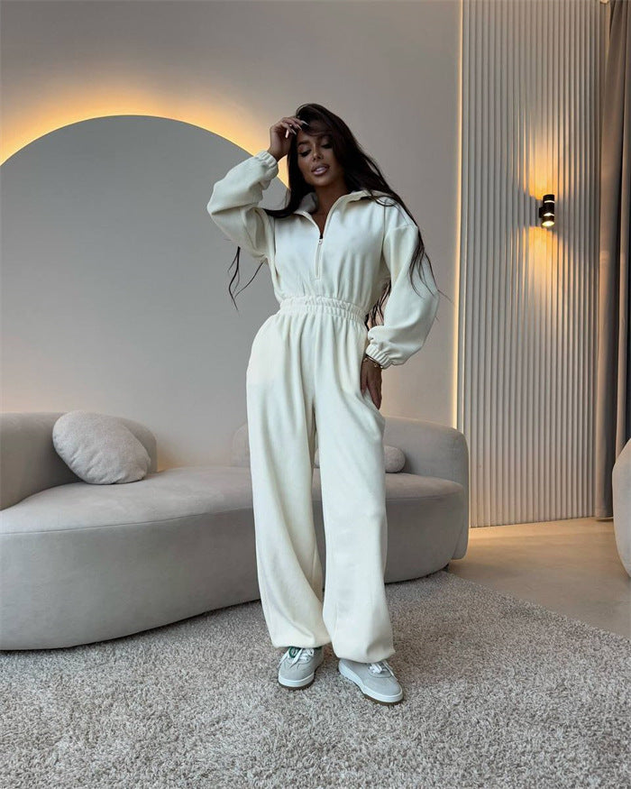 Women's Oversized Loungewear Jumpsuit with Half Zipper and Elastic Waist Gathering Mune Fashion