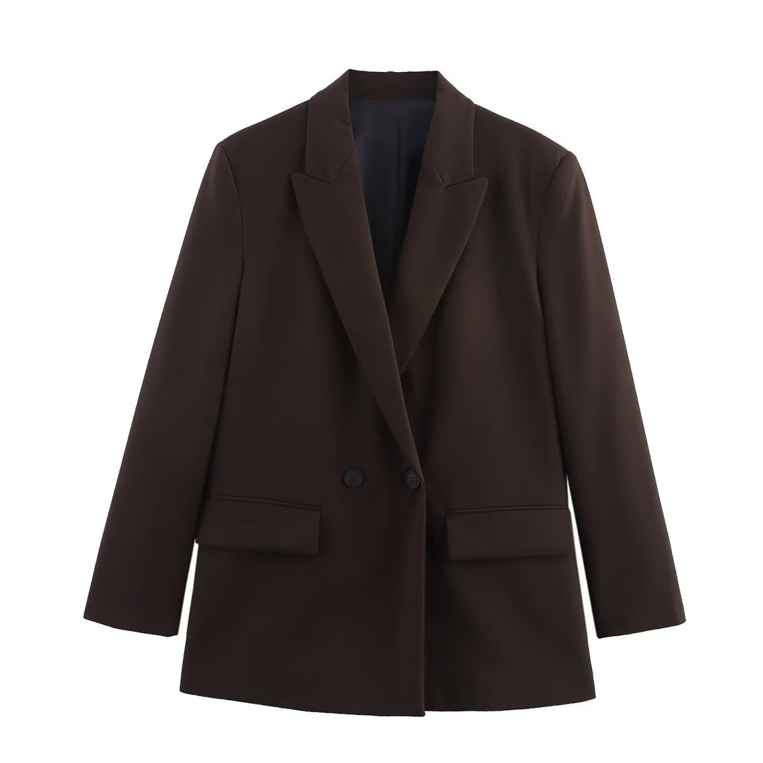 Women's Double-Breasted Blazer with Lapel Collar, Longer Oversized Cut and Flap Pockets Mune Fashion