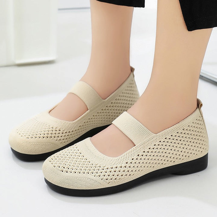 Ladies knitted Mary-Jane comfort ballerina with breathable open knit, elastic strap and cushioning lightweight sole Mune Fashion