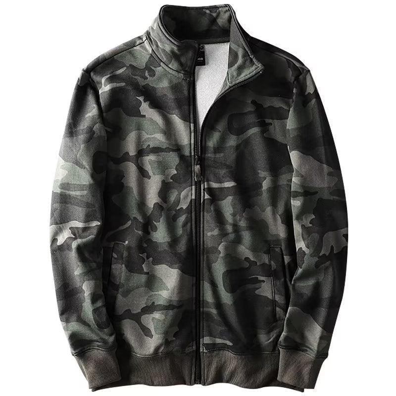 Men's Camouflage Cotton Fleece Zip Jacket with Stand Collar and Ribbed Cuffs Mune Fashion