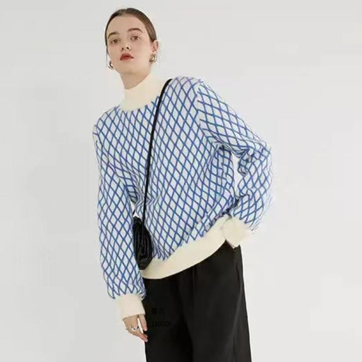 Women's Oversized Knitted Sweater with Diamond Pattern and Stand-Up Collar Mune Fashion