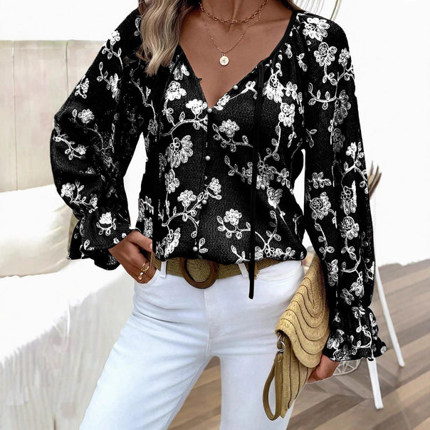 Women's V-Neck Blouse with Floral Embroidery, Pearl Button Placket and Balloon Sleeves Mune Fashion