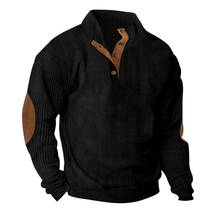Men's Waffle Knit Henley Sweater with Stand-Up Collar and Elbow Patches Mune Fashion